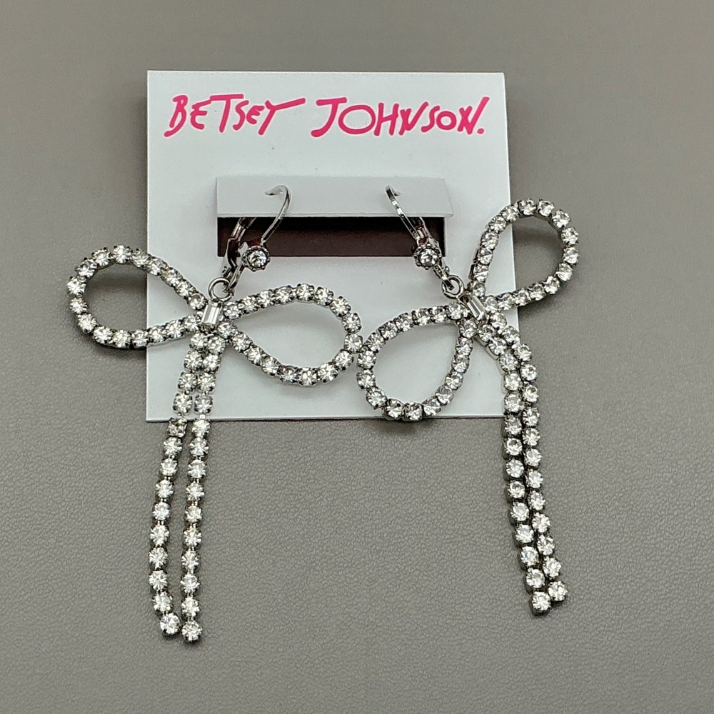 Betsey Johnson Earrings Women Silver Tone‎ Rhinestone Bow Dangle Drop 2.5 Inch